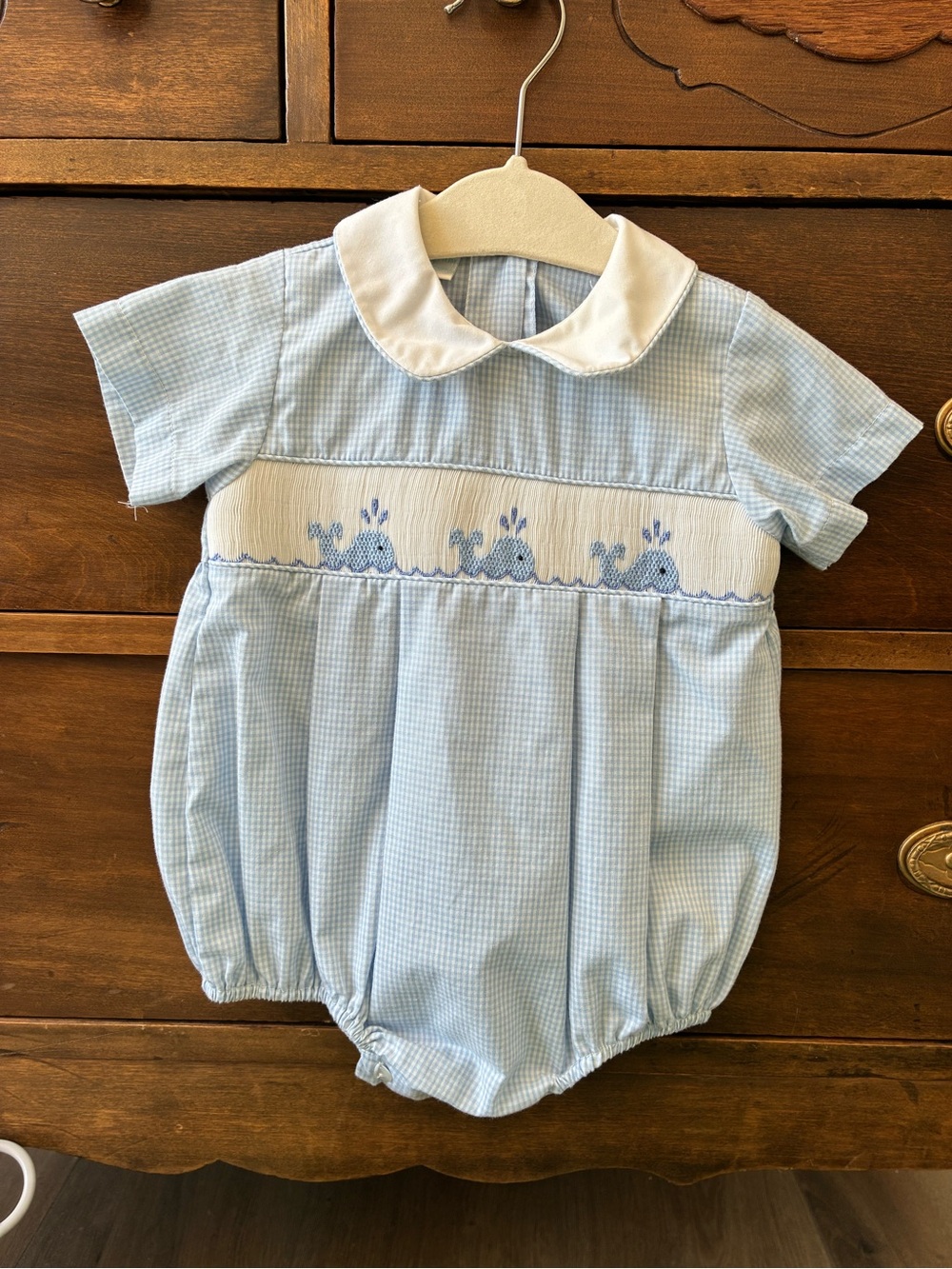 Edgehill Collection Light Blue Gingham Infant bubble with smocked whales
